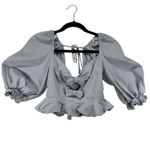 Mable‎ Smocked Crop Top Bow Tie Blouse Puff Sleeve Tie Back Blue Size M